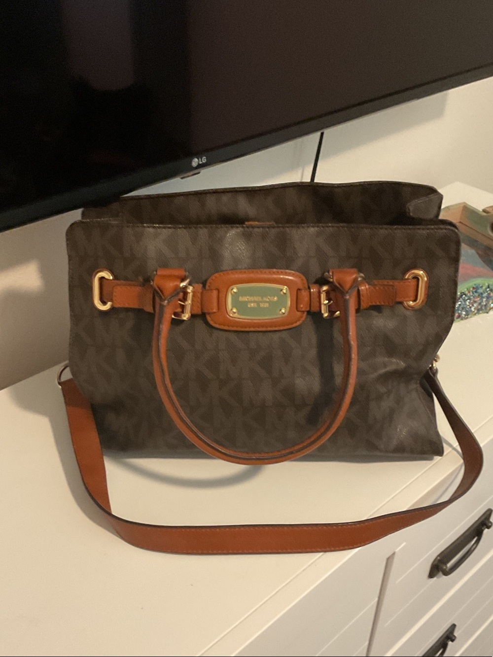 Michael Kors Brown Logo Shoulder Tote with Tan Leather and Gold Hardware